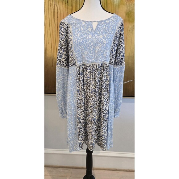 Sahalie Dress Womens Large Blue Floral Boho Long Sleeve Patchwork Lace Trim - Picture 1 of 11